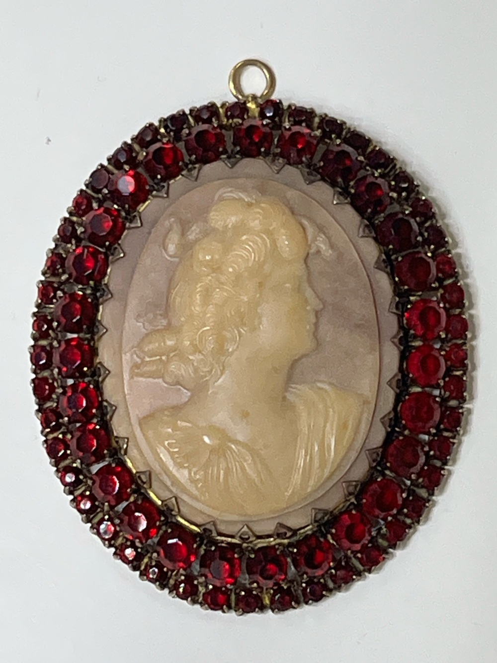 Cream Cameo Pendant/Brooch Encircled by Red Gems  Elegant Victorian-Style